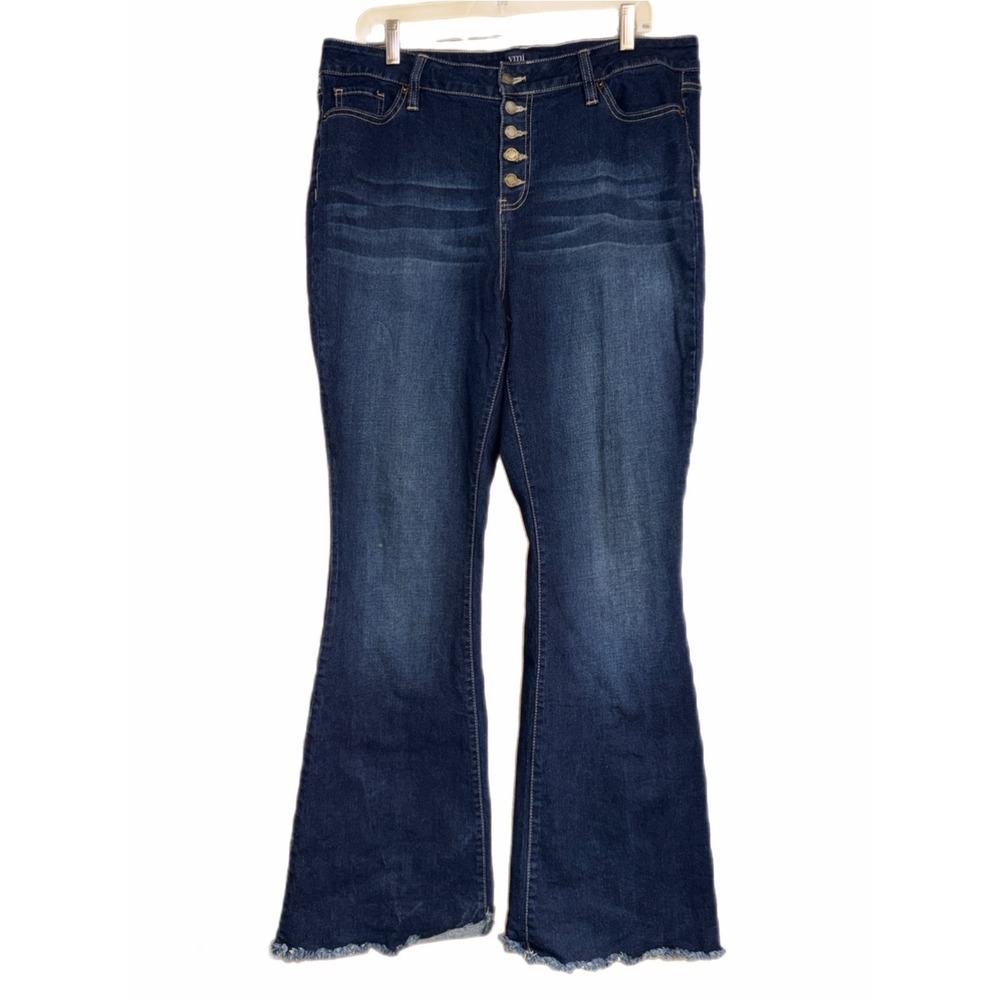 YMI High Waisted Flare Jeans Dark Wash Button Fly Raw Hem Size 16